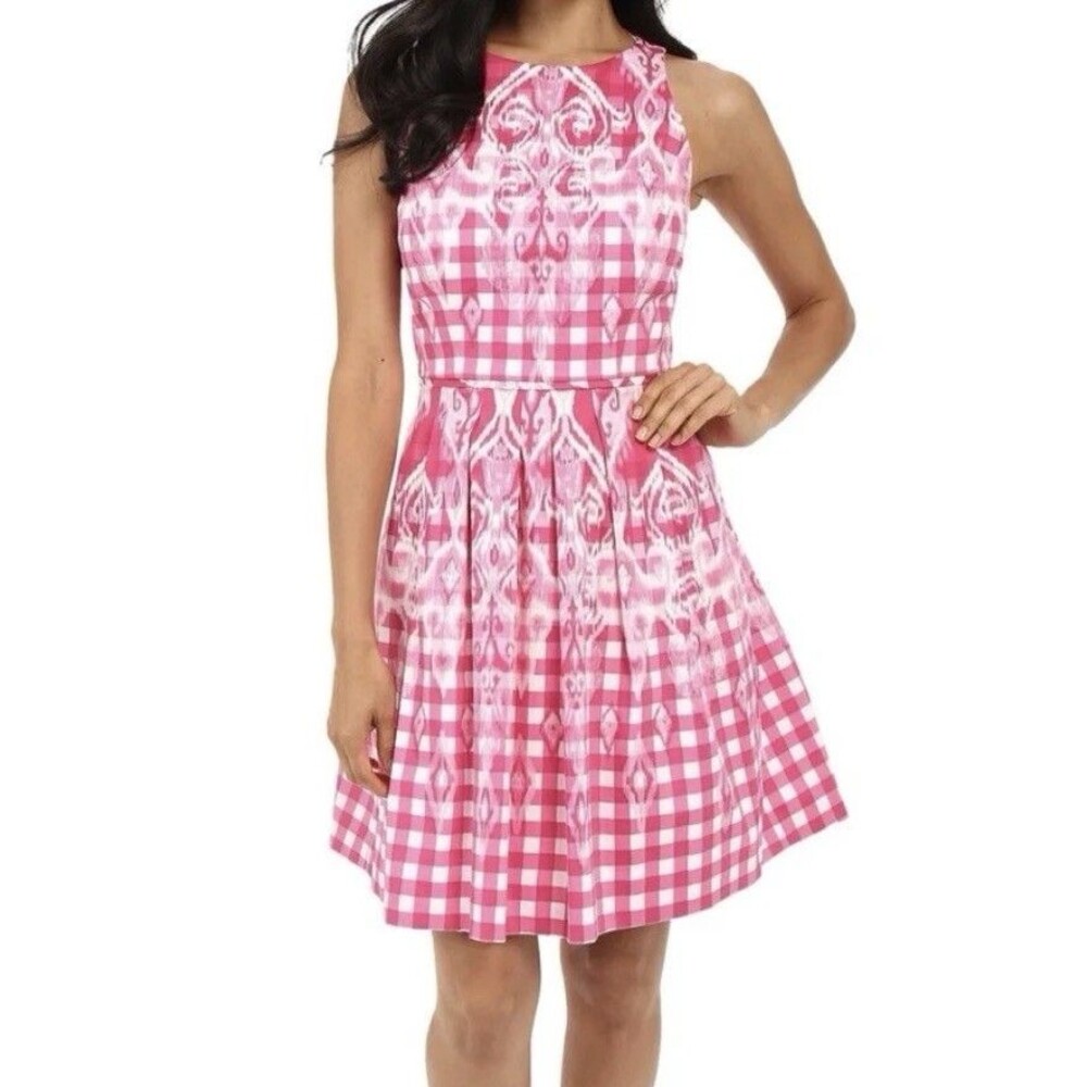 TAHARI Abstract Printed Cotton Sateen Dress, Fuchsia White Petite 10P